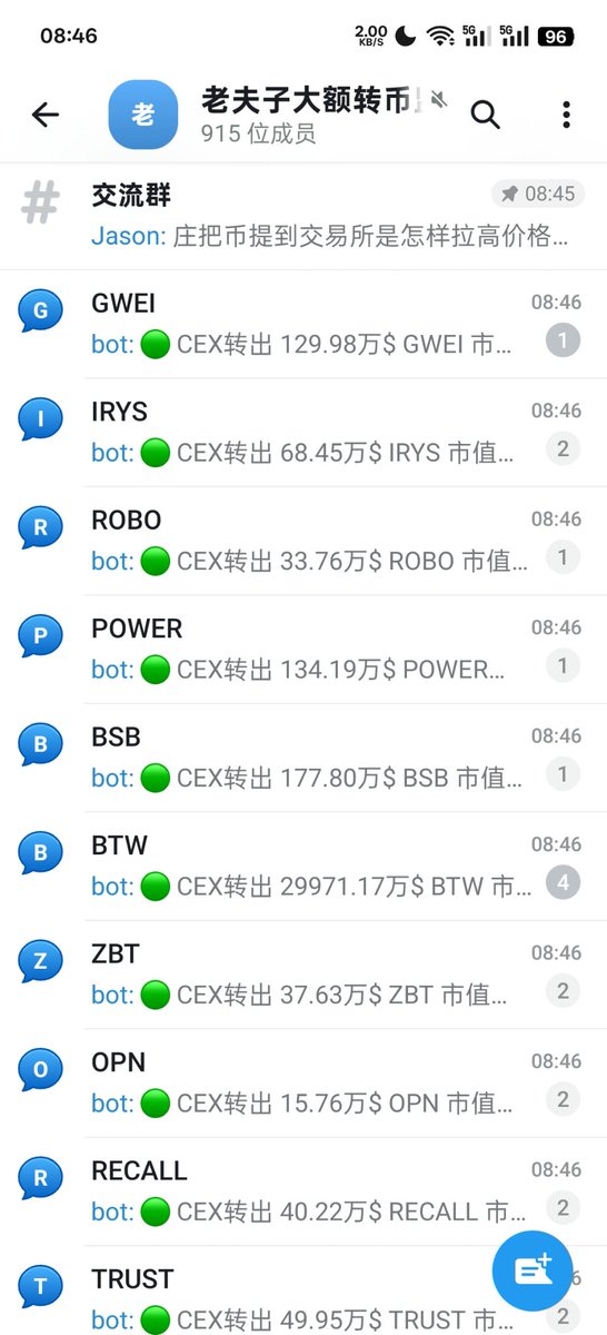 A Telegram group chat screenshot titled '老夫子大额转币' (915 members) showing bot alerts for large CEX transfers of various cryptocurrencies including GWEI, IRYS, ROBO, POWER, BSB, and BTW.