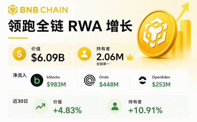 A BNB Chain infographic in Chinese highlighting RWA (Real World Assets) growth with $6.09B value, 2.06M holders, and net inflows from bStocks ($983M), Ondo ($448M), and OpenEden ($253M).