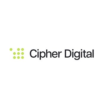 A minimalist logo for 'Cipher Digital' is displayed, featuring a green icon composed of dots arranged in a grid pattern.
