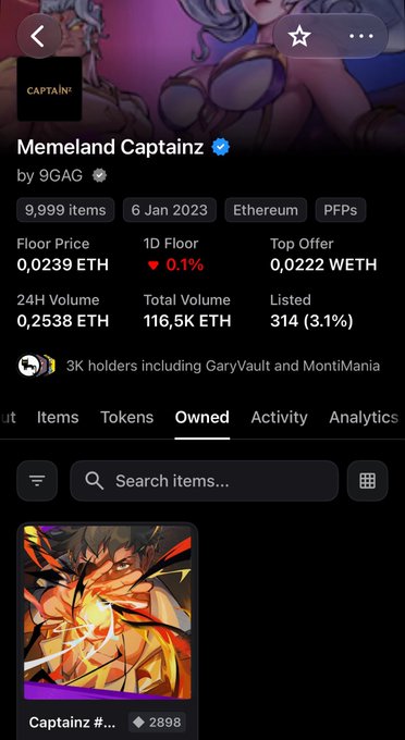 Screenshot of the Memeland Captainz NFT collection page, showing 9,999 items on Ethereum, a floor price of 0.0239 ETH, 1D floor down 0.1%, top offer 0.0222 WETH, 24H volume 0.2538 ETH, and total volume 116.5K ETH across 314 listings. It illustrates the post’s claim about Captainz being a major loss after Memeland’s slow rug.