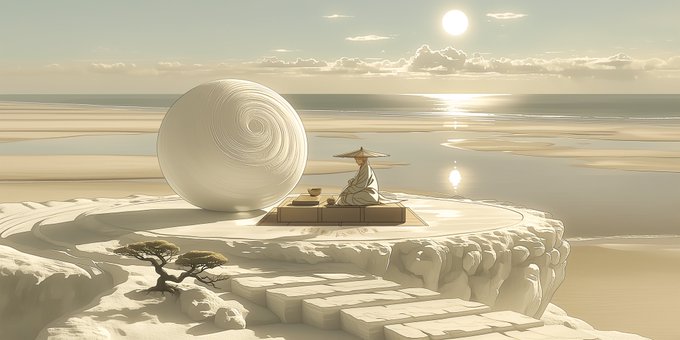 A serene figure in traditional attire sits beneath a large spiral moonstone beside a low table, set on a rocky outcrop overlooking a tranquil sea at sunset. The minimalist, meditative composition evokes the contemplative spirit of Zen, harmonizing with the "Zen Holidays" 1/1 NFT collection theme.
