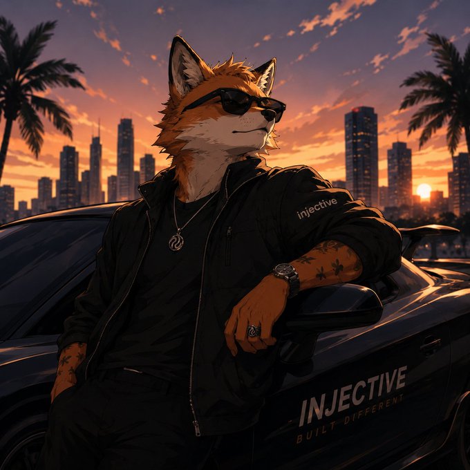 An anime-style anthropomorphic fox wearing sunglasses, a black jacket with 'injective' text, and a pendant leans against a black car with 'INJECTIVE BUILT DIFFERENT' branding, set against a sunset cityscape.