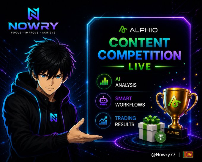 The image features an advertisement for Alphio AI's Content Competition. The main character, a young man dressed in black, stands next to a gold trophy that reads "500 USDT". He is holding up his hand as if presenting something or demonstrating a skill related to content creation and analysis. The background of the image is dark blue with neon green lines, creating an intense atmosphere for the competition.

The text on the image includes phrases such as "focus", "improve", "AI", "analysis", "smart", "workflows", and "trading results". These words emphasize the importance of AI in content creation and analysis within the context of the Content Competition. The overall theme suggests that the competition is centered around using AI to create high-quality, engaging content for various platforms.