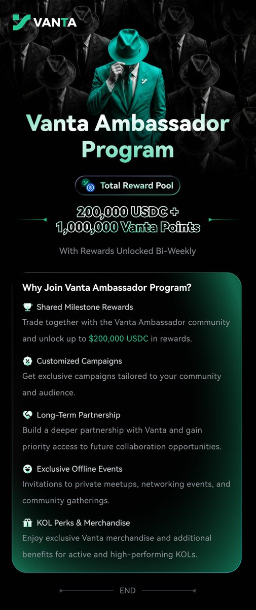 The image is a promotional graphic for the "Vanta Ambassador Program" featuring a man in a green suit and hat against a background of silhouetted figures in dark suits. It highlights a Total Reward Pool of 200,000 USDC + 1,000,000 Vanta Points distributed bi-weekly, with benefits including shared milestone rewards, customized campaigns, long-term partnerships, exclusive offline events, and KOL perks.

This aligns with the accompanying post by promoting Vanta's KOL/ambassador initiative, emphasizing the bi-weekly reward structure and long-term partnership focus mentioned in the text, while showcasing the program's scale and exclusive perks for content creators driving trading on their decentralized exchange.