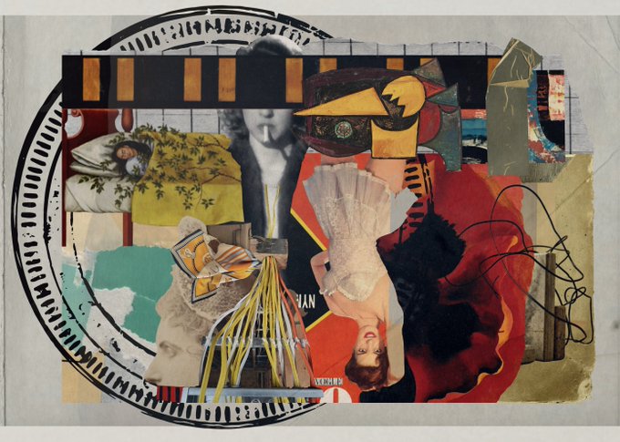 An abstract mixed-media collage featuring cut-out vintage photographs, geometric shapes, and a prominent circular dial design with film strip elements.