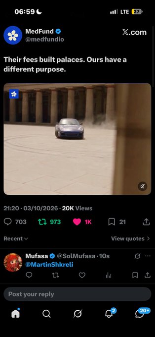 A screenshot of a post on X.com from MedFund (@medfundio) reads 'Their fees built palaces. Ours have a different purpose.' and shows a video of a silver car drifting.