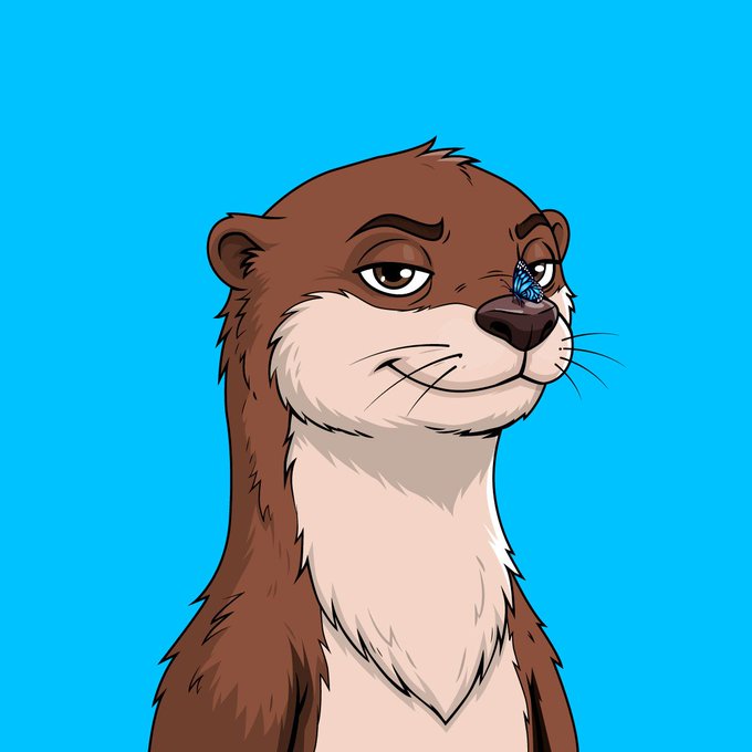 A digital illustration of a brown otter with a cream-colored chest, looking upward with a small blue butterfly perched on its nose against a bright cyan background.