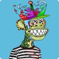 A digital illustration of a cartoon character with a wide grin, wearing a striped shirt and a backwards cap with psychedelic flower graphics, set against a teal background.