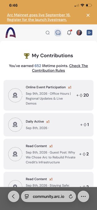 A mobile screenshot of the community.arc.io website showing a 'My Contributions' page with 652 lifetime points earned through online event participation, daily activity, and reading content in September 2026.