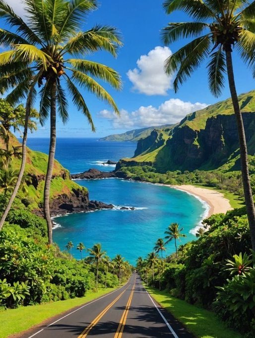 A scenic tropical road lined with palm trees leads down to a turquoise bay and sandy beach surrounded by lush green cliffs under a bright blue sky.