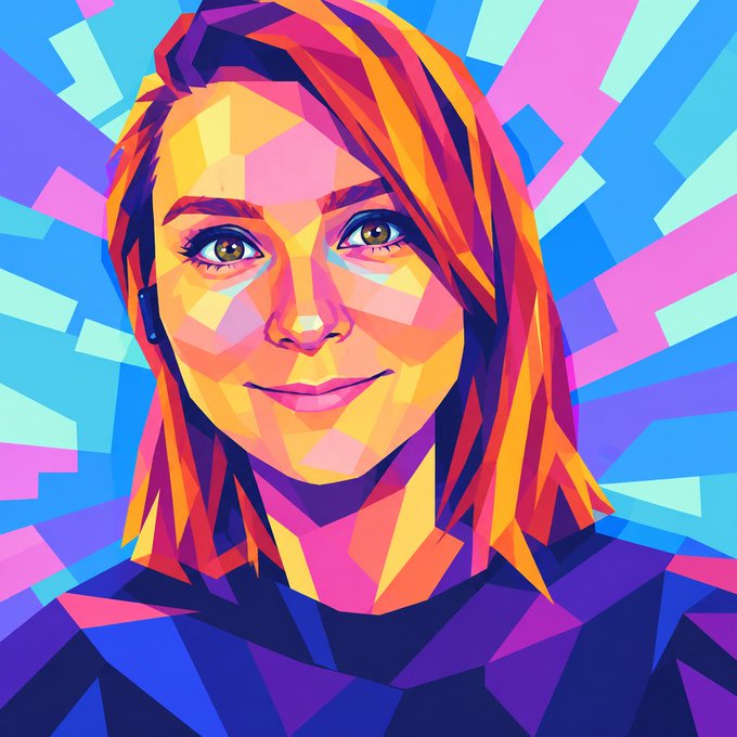 A colorful pop-art style digital portrait of a smiling young woman with blonde hair against a geometric blue and pink background.