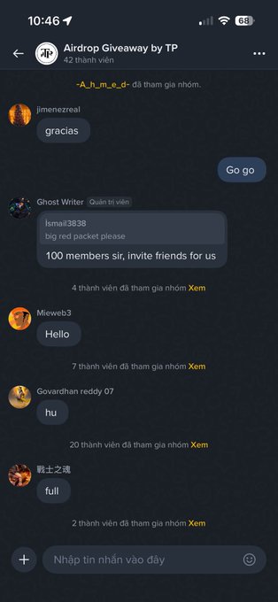 A Telegram group chat screenshot for 'Airdrop Giveaway by TP' with 42 members, showing Vietnamese text notifications about new members joining.