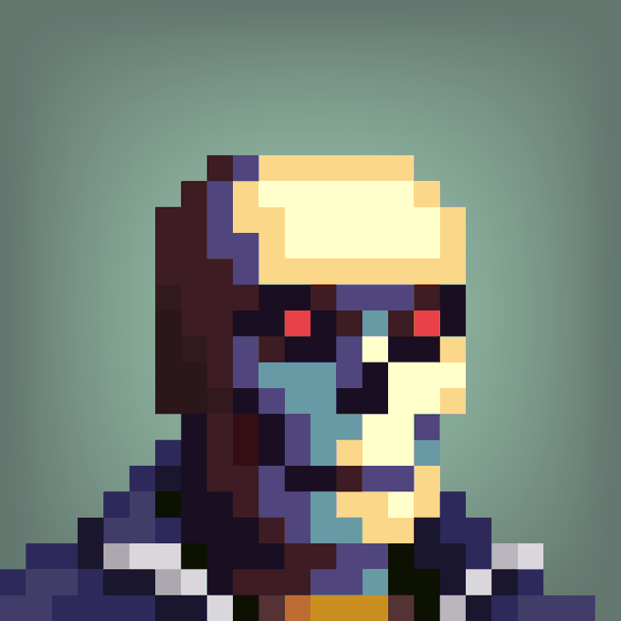 A pixel art portrait of a person with pale yellow and brown tones wearing dark clothing against a teal background.