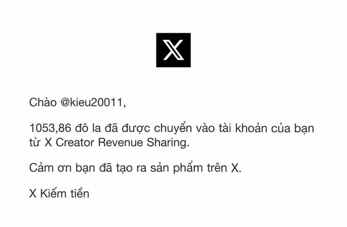An X (Twitter) notification addressed to @kieu20011, confirming that 1,053.86 has been transferred from X Creator Revenue Sharing, thanking them for creating content on X.