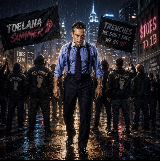 An AI-generated cinematic image of a man in a blue shirt, tie, and suspenders walking through a rainy city street at night, surrounded by a crowd holding banners reading 'TOELANA SUMMER', 'TRENCHES WE DON'T FADE WE GO UP', and 'STOES TO 18'.