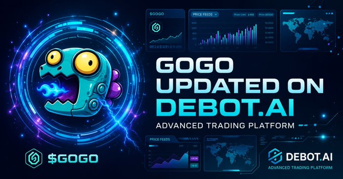 A vibrant promotional graphic announcing "$GOGO UPDATED ON DEBOT.AI ADVANCED TRADING PLATFORM," featuring the new cartoonish turquoise GOGO mascot logo alongside futuristic trading dashboard panels displaying price feeds, candlestick charts, and a world map, with the $GOGO ticker and DEBOT.AI branding prominently shown to celebrate the token's rebrand and updated profile on the DeBot trading platform.