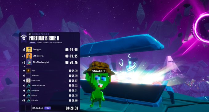 A video game screenshot displays a leaderboard titled 'FORTUNE'S RISE II' with player rankings, featuring a green blocky character labeled 'DfIAddict' standing on a platform in a vibrant purple cosmic environment.