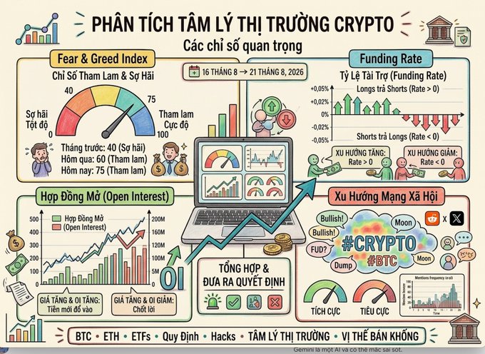 An infographic titled 'PHÂN TÍCH TÂM LÝ THỊ TRƯỜNG CRYPTO' (Crypto Market Psychology Analysis) showing key indicators like the Fear & Greed Index, Funding Rate, Open Interest (OI), and Social Media Trends for BTC and ETH.