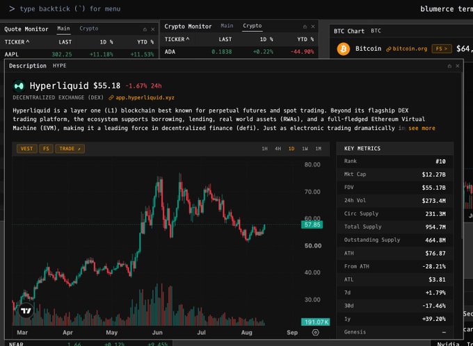 A Blumerce terminal interface displays a chart for Hyperliquid (HYPE) at $55.18, down 1.67% over 24 hours, with key metrics showing a circulating supply of 231.3M out of 954.7M total supply. The image visually supports the post's argument about Hyperliquid's token supply dynamics, highlighting the substantial gap between circulating and total supply (191.07% shown at the bottom) that the author argues needs to be addressed to drive institutional demand and revaluation.