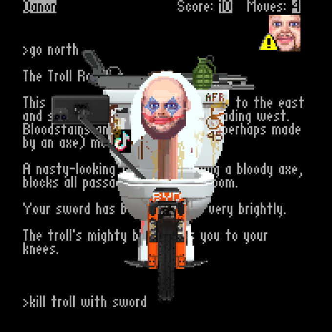 Screenshot of a retro-style text adventure game with 'Score: 10, Moves: 9' in the top right and a small troll face icon, showing text about a 'Troll Room' and commands like '>go north' and '>kill troll with sword', overlaid with a distorted image of a person on a toilet holding a chainsaw.