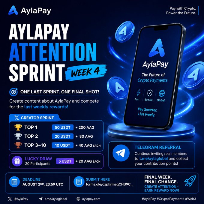 The image is a promotional graphic for AylaPay's "Attention Sprint Week 4," announcing the final week of their creator contest with USDT and AAG token rewards for top performers (50 USDT + 200 AAG for 1st place) and a deadline of August 2nd, 23:59 UTC for content submissions. It complements the post's message about AylaPay's mission to make crypto payments practical and accessible, encouraging viewers to join the final sprint to spread awareness.