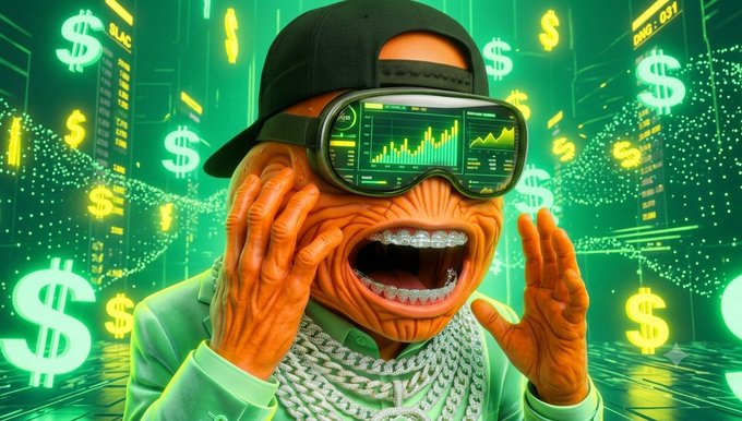A vibrant, surreal AI-generated image of an orange character wearing a backwards cap and goggles displaying stock charts, adorned with diamond chains, set against a green background filled with dollar signs.