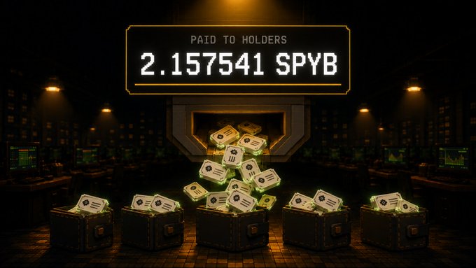 A glowing digital display reads "PAID TO HOLDERS — 2.157541 $SPYB" above an arcade-style scene where pixelated token icons spill from a vault into crates, visually reinforcing the dividend payout to $FIRED holders. The retro gaming aesthetic ties directly to the post's message that every floor fee feeds the holder reward stream at theapprentice.games.