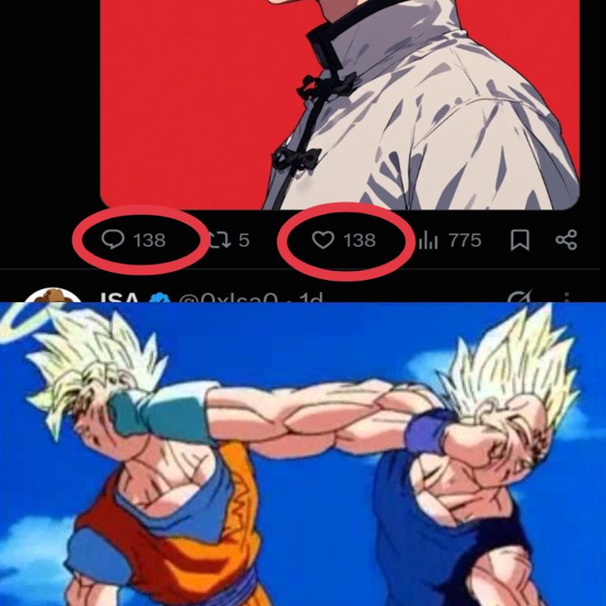 A Twitter/X post screenshot highlighting matching engagement metrics of 138 comments and 138 likes, with two anime characters flexing muscles below.