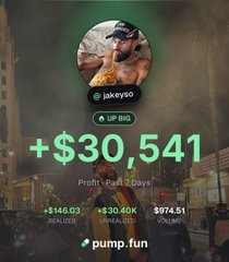 A promotional graphic showing '+ $30,541 Profit Past 7 Days' for user 'jakeyso' via pump.fun, with breakdowns of +$146.03 Realized, +$30.40K Unrealized, and $974.51 Volume.