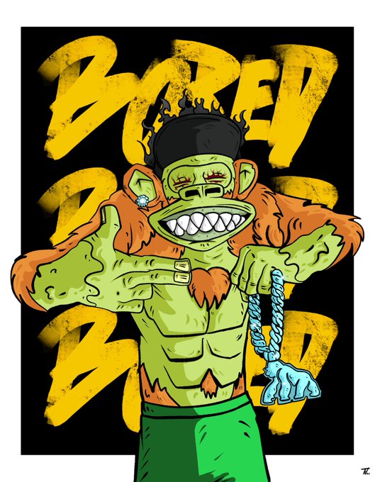 A street-art style illustration of a green-skinned monkey character with a wide grin, gold chain, and orange fur, posed against a black background with bold yellow graffiti-style text.