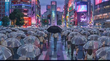 The image features a large crowd of people walking down a street at night with their umbrellas open, likely due to rain or other wet conditions. The umbrellas are predominantly clear glass ones, providing some visibility through them as they walk along the sidewalk. In the background, there is a cityscape filled with buildings and neon lights that illuminate the scene. The image also contains text elements related to an anime series called "Episode 3", which tells the story of @cz_binance's journey from Hefei to Tokyo during that period.