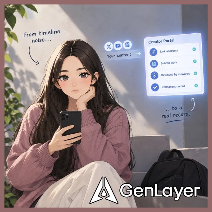 An illustration for "GenLayer" shows an anime-style girl with a smartphone next to a "Creator Portal" interface, with text indicating "From timeline noise... ...to a real record."
