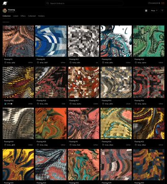 A screenshot of a web browser showing a collection of abstract artwork pieces titled 'Floating #0' through 'Floating #60' by artist Paula Scher, displayed in a grid layout.