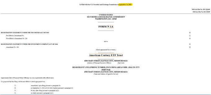 This image displays the first page of SEC Form N-1A filed by American Century ETF Trust, showing registration statements under the Securities Act of 1933 and Investment Company Act of 1940, with the registrant located at 4500 Main Street, Kansas City, Missouri 64111, and checkboxes indicating the filing is for an investment company registered under the 1940 Act.