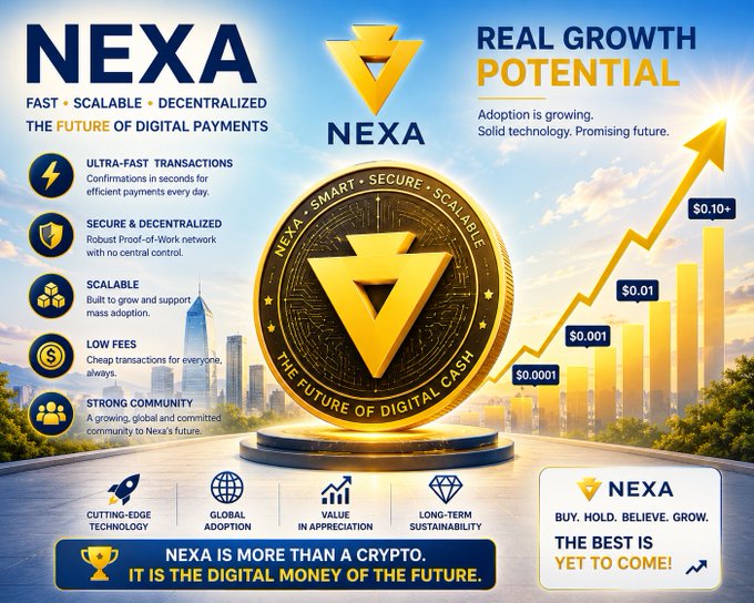 A promotional graphic for the cryptocurrency NEXA advertises 'REAL GROWTH POTENTIAL' with a large gold coin bearing the NEXA logo, highlighting features such as 'ULTRA-FAST TRANSACTIONS', 'SECURE & DECENTRALIZED', 'SCALABLE', 'LOW FEES', and 'STRONG COMMUNITY', alongside a growth chart showing prices climbing from $0.0001 to $0.10+.