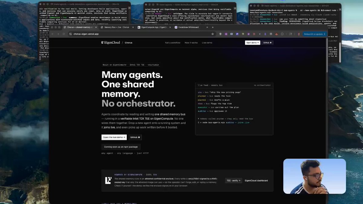 The image shows a computer screen displaying a webpage with text about shared memory. The screen also has a man's face visible at the bottom right corner of the image. The caption for the image reads "Focus on what is in the image and how it relates to the post".