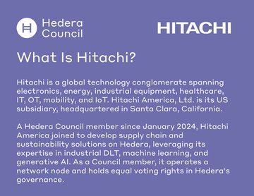 An informational graphic titled 'What Is Hitachi?' describing Hitachi as a global technology conglomerate and a Hedera Council member.
