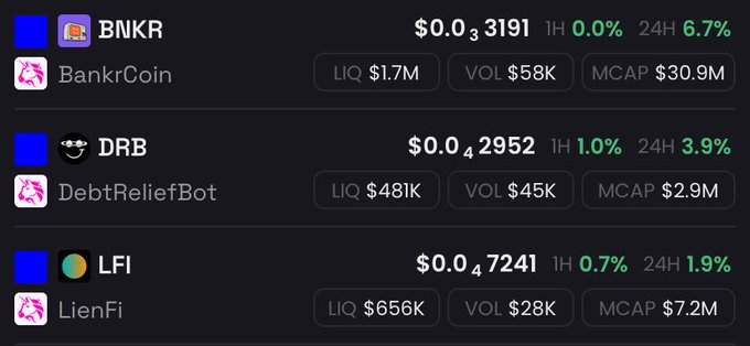 A cryptocurrency price tracker showing meme coins BNKR (BankrCoin) at $0.03191 with 6.7% 24H gain, DRB (DebtReliefBot) at $0.04295 with 3.9% gain, and LFI (LienFi) at $0.04724 with 1.9% gain.