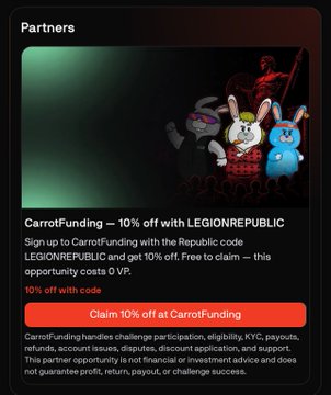 A promotional graphic for CarrotFunding offering 10% off with the code LEGIONREPUBLIC, featuring cartoon characters including a rabbit and a blue figure.
