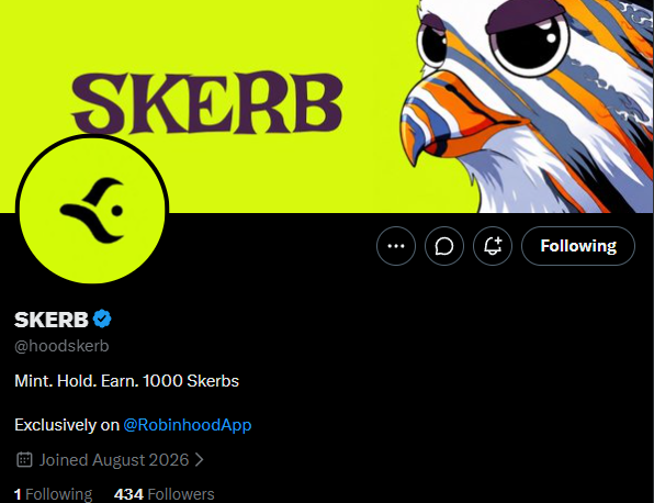 A Twitter/X profile page for the verified account "@hoodskerb" (SKERB), featuring a bold yellow and black banner with a stylized owl illustration, with the account's bio reading "Mint. Hold. Earn. 1000 Skerbs" and noting it's "Exclusively on @RobinhoodApp," supporting the post's reference to a Robinhood NFT collection with a 1,000 supply and earn mechanics.
