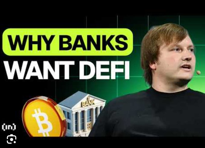 A YouTube-style thumbnail shows a man next to large text reading 'WHY BANKS WANT DEFI'. The image includes a Bitcoin coin graphic and an illustration of a classical bank building.