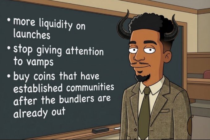 The image shows a cartoon man with horns (a "Black Bull") standing in front of a chalkboard listing crypto investment advice: "more liquidity on launches," "stop giving attention to vamps," and "buy coins that have established communities after the bundlers are already out." It relates to the post's tribute to the original Ansem community, illustrating the wise principles that have guided the OG $Ansem group.