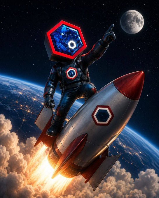 An astronaut with a hexagonal "CRYSTALSTONES" emblem rides a rocket upward past Earth and toward the moon, symbolizing a smaller, lesser-known crypto project launching beyond the hype with hidden depth and ambition.