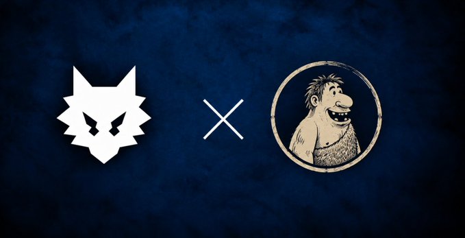 A dark blue graphic displays a white wolf head logo on the left and a circular illustration of a smiling caveman character on the right, separated by an "X" symbol.