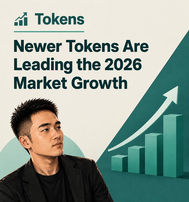 An infographic-style image titled 'Tokens: Newer Tokens Are Leading the 2026 Market Growth' featuring a young man in a black blazer alongside an upward-trending bar graph with an arrow.