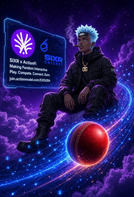 A digital illustration shows a person with blue hair smoking, sitting on a cloud against a purple starry background next to a floating holographic sign reading "SIXR x ActionFi SIXR CRICKET" and a red cricket ball.