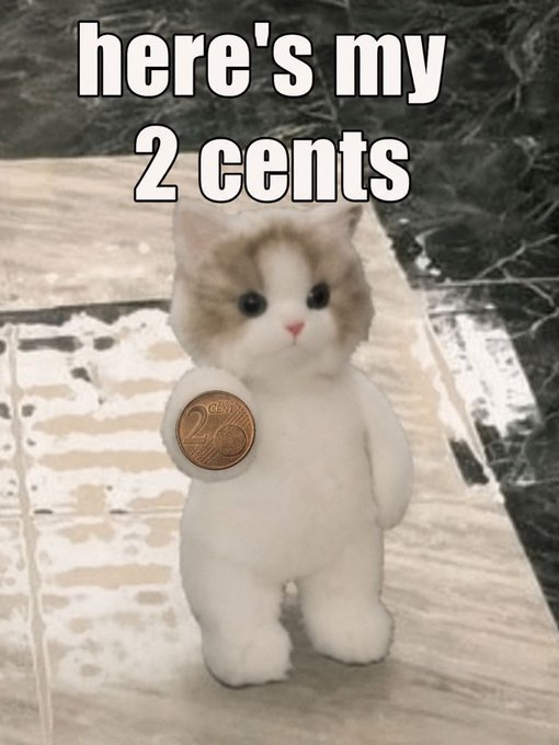 A cute standing kitten figurine holds up a 2-cent coin with the caption "here's my 2 cents," playfully illustrating the poster's speculative prediction that $Goblin could randomly pump while attention is focused on newer KOL coins like $ansem.