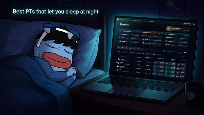 An anime-style illustration of a character sleeping peacefully in bed next to an open laptop displaying a 'Markets' trading interface, with the text 'Best PTs that let you sleep at night.'