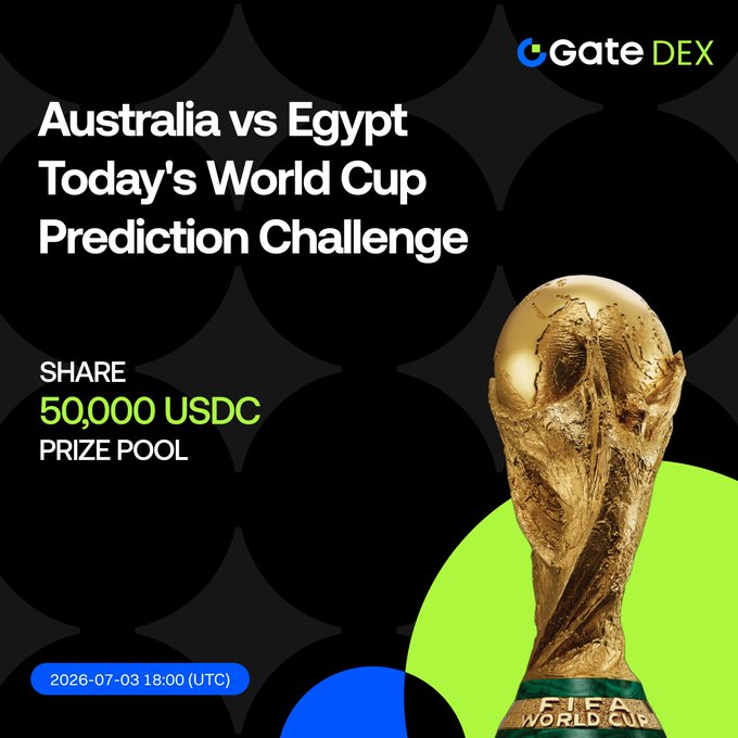 The image is a promotional graphic for Gate DEX featuring a "World Cup Prediction Challenge" for the Australia vs Egypt match, highlighting a 50,000 USDC prize pool and a match time of 2026-07-03 18:00 (UTC), with a golden FIFA World Cup trophy displayed on a black and green background.