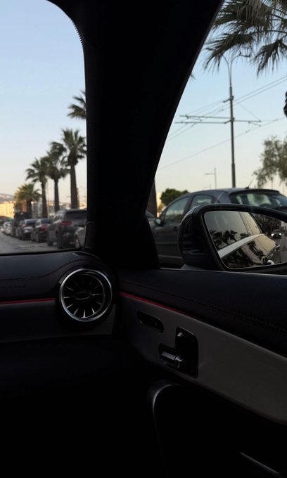A view from inside a car showing the passenger side door, side mirror, and dashboard vent, looking out at palm trees and traffic on a sunny street.